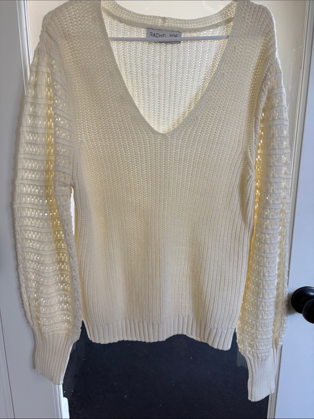 Rachel Zoe Ivory V-Neck Openwork Sleeve Knit Sweater